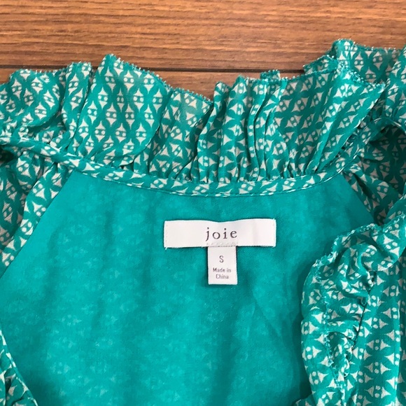 Joie Zaida Ruffle Silk Turquoise Green Pattern Top - Picture 10 of 13